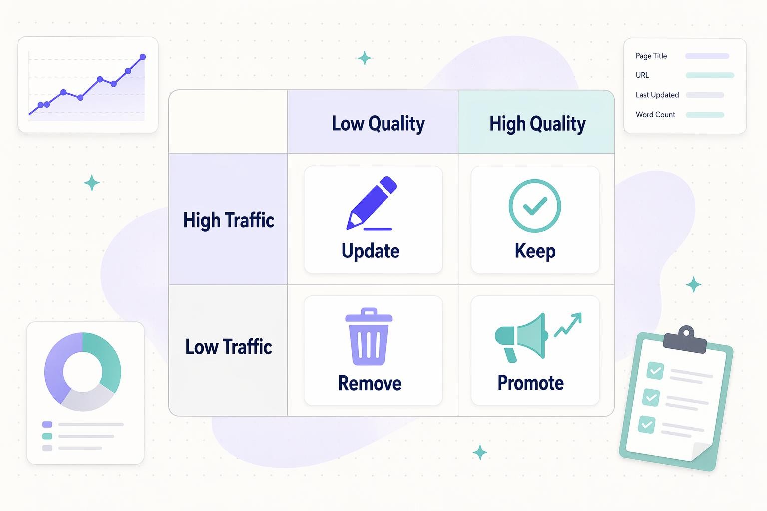 Two-by-two table with High Traffic and Low Traffic rows, Low Quality and High Quality columns, containing action cards: Update (high traffic + low quality), Keep (high traffic + high quality), Remove (low traffic + low quality), Promote (low traffic + high quality)