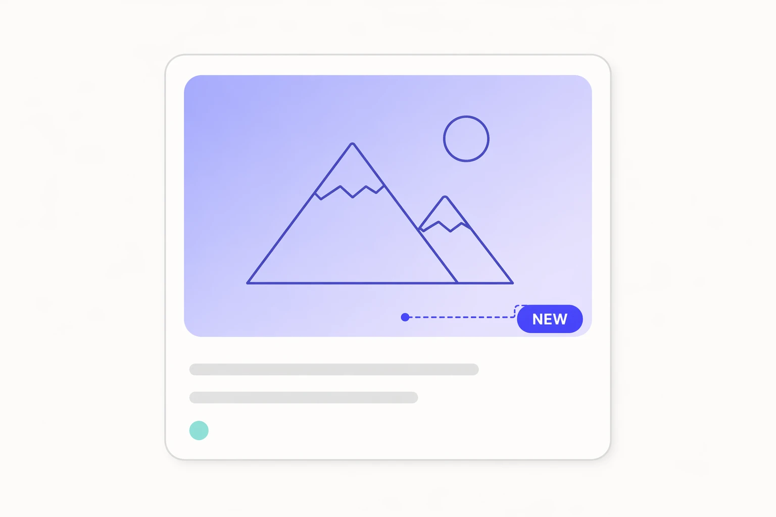 Product card with a NEW badge pinned to the bottom-right corner of the image area, connected by a dashed indigo anchor line