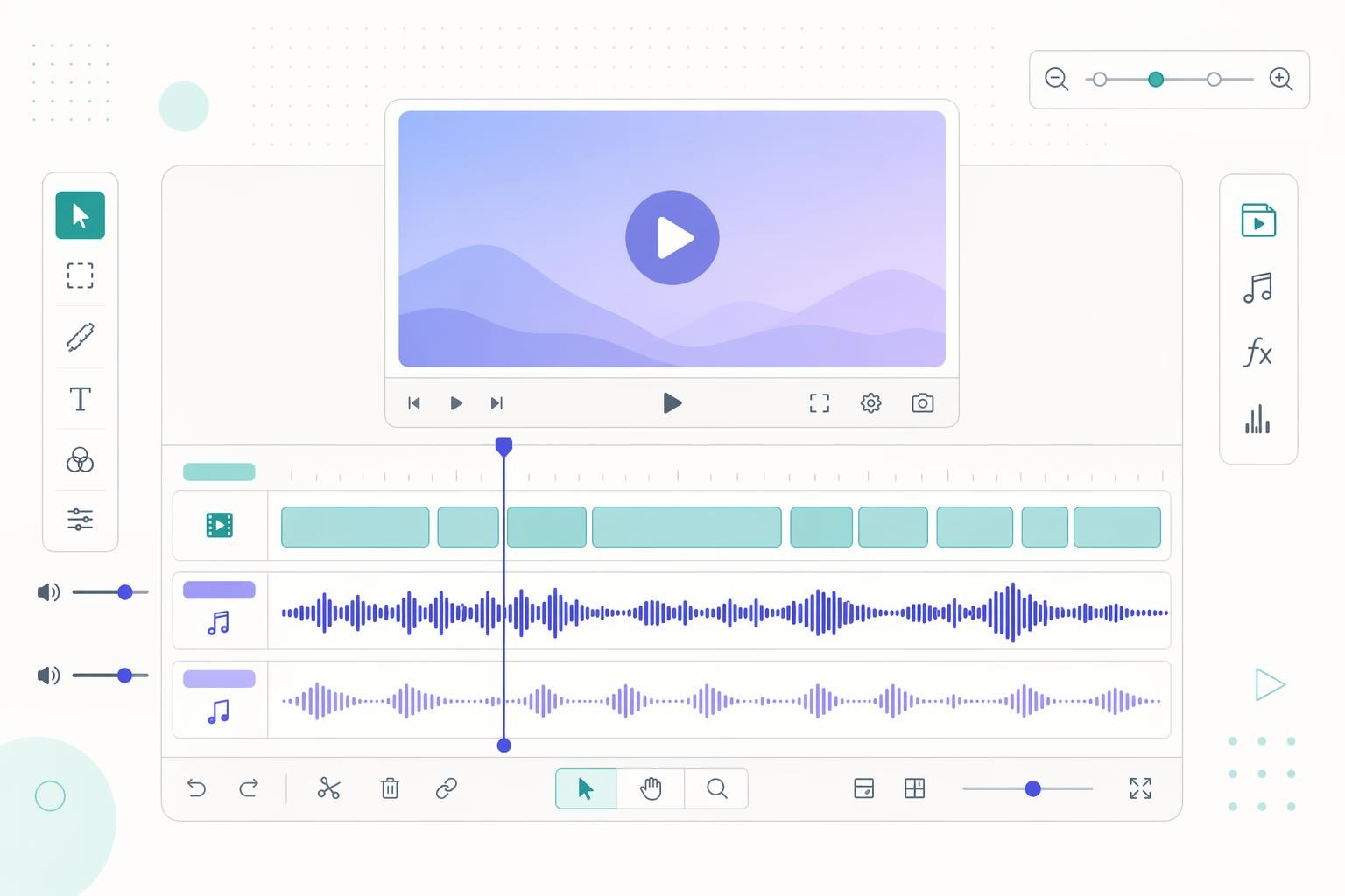 Stylized video editor interface showing a video preview, a teal video track, and two audio waveform tracks with editing tools surrounding them