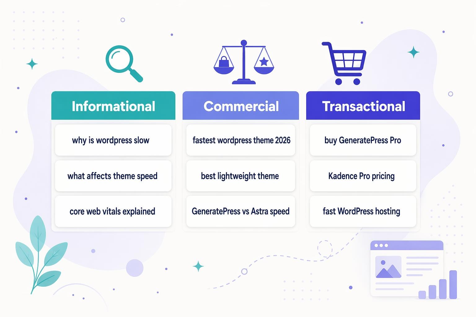 Three columns labeled Informational, Commercial, and Transactional, each containing three example keyword cards for the WordPress theme speed cluster