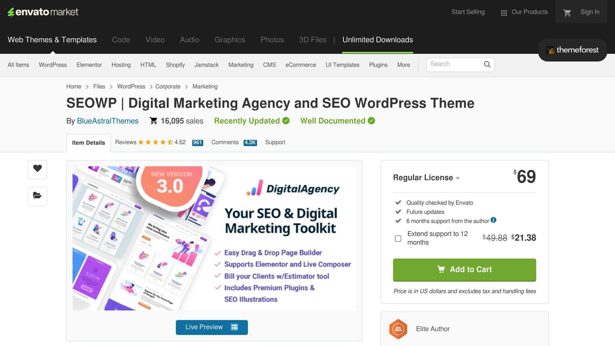 Screenshot of the SEOWP WordPress theme website